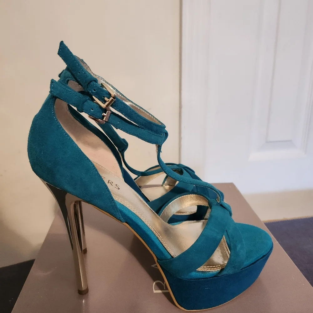 Teal Suede High Heel Sandal with Gold Heel - Picture 3 of 6